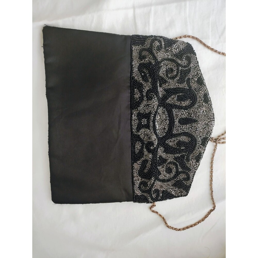 Black & Silver Hand Beaded Evening Clutch Bag Chain Strap Vintage Style - Picture 5 of 9